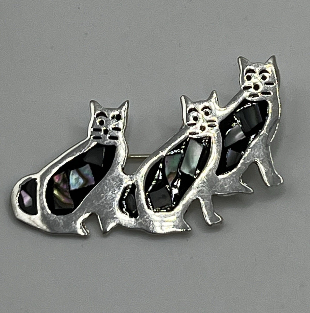 Vintage Hildago Mexico Abalone Silver Tone Cat Brooch 3 Cats